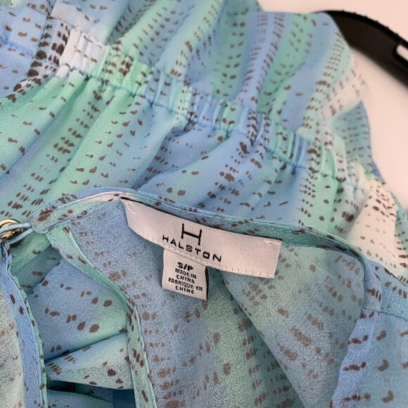 H Halston chiffon shift dress blue green pastel wide sleeves flowy white Small - Picture 4 of 4